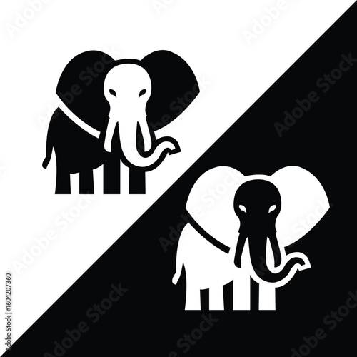 Vector art of two elephant faces shown in black and white from a frontal angle, using thick outlines and contrast shapes. Great for emblems, tribal style, and animal identity.