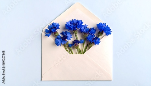 White envelope filled with delicate blue flowers