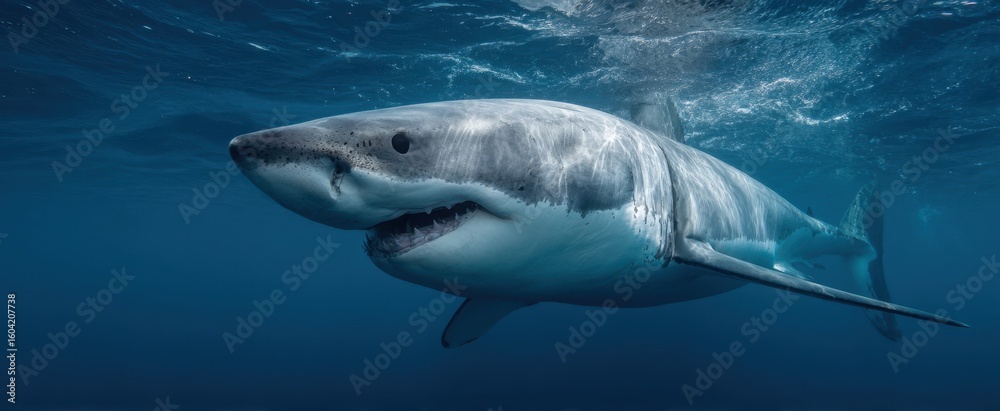 Fototapeta premium The magnificent great white shark swimming gracefully in turquoise waters.