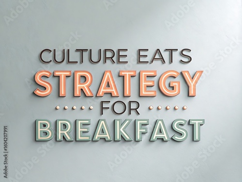 Famous business quote culture eats strategy for breakfast in 3d metallic letters on a grey background