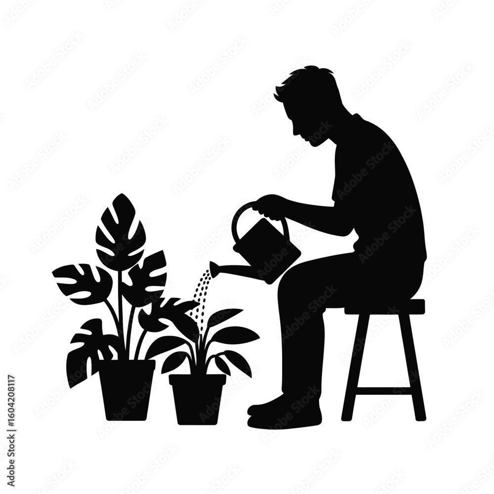 Silhouette of a person watering houseplants on a stool Silhouette of a person watering houseplants on a stool