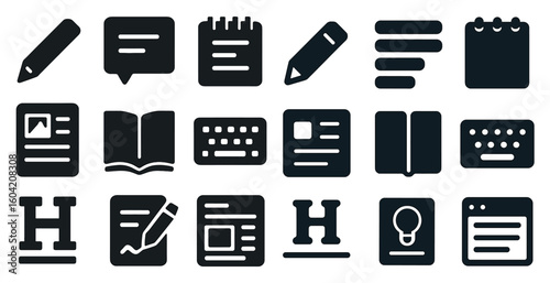 Writing and note-taking solid icons set – filled, notebook, education symbols