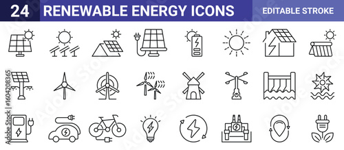 Renewable Energy Icons Set Editable Stroke – Solar Panel, Wind Turbine, Electric Car, Battery, Hydropower, Sun, Charging Station, Eco Plug, Green Energy, Recycle, Light Bulb, Power Plant Vector