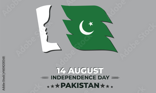 "Pakistan Independence Day 14 August Celebration with Flag and Face Silhouette Vector"