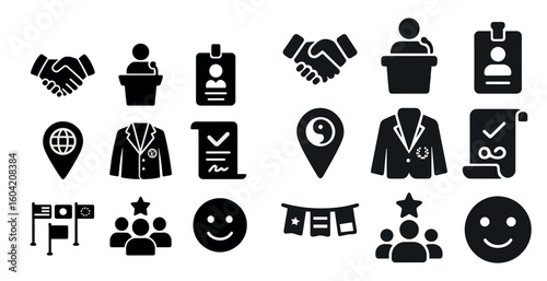 Business and leadership silhouette icons set – solid, outline, corporate symbols