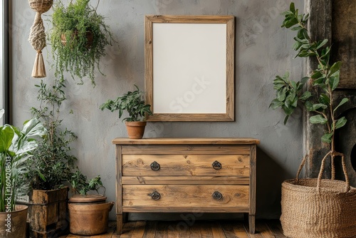 Wooden rustic chest of drawers placed near a wall with a blank poster frame, offering space for customization, Generative AI