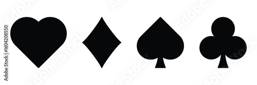 Playing Card Suits Vector Icon Set – Hearts, Diamonds, Spades, Clubs | Black Silhouette Symbols for Casino, Poker, Game Design, and Graphic Projects
