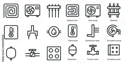 Hvac and thermostat outline icons set – pipe, heating, cooling system symbols