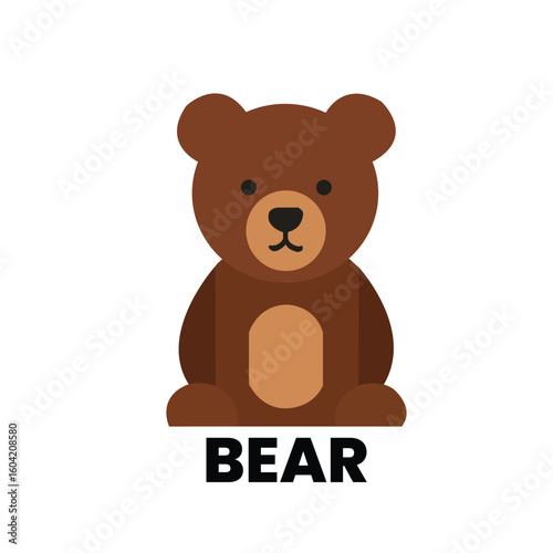 A flat cartoon illustration of a brown bear with a neutral expression. Great for children's designs, forest themes, and educational graphics.