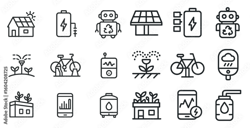 Fototapeta premium Sustainable energy outline icons set – linear, eco power, renewable resources symbols