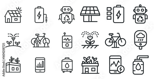 Sustainable energy outline icons set – linear, eco power, renewable resources symbols