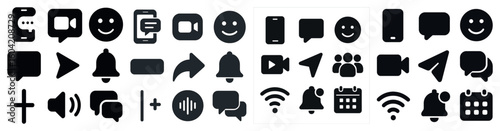 Communication and chat solid icons set – filled, messaging, social media elements