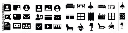 Home and office solid icons set – filled, silhouette, furniture and decor symbols