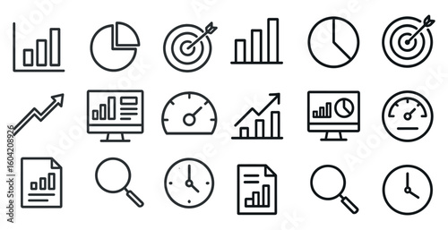Business and analytics linear icons set – outline, statistics, data and growth symbols