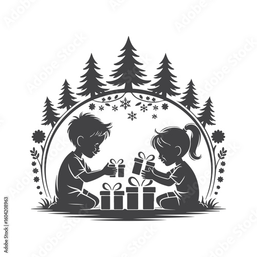 Children opening gifts in a winter forest scene vector