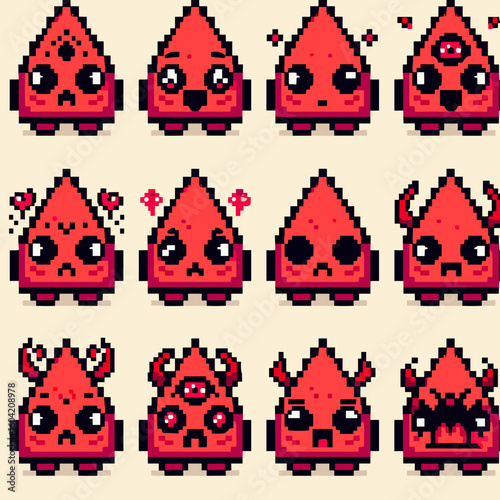 Red triangle-headed monster in 12 emotional variations.	