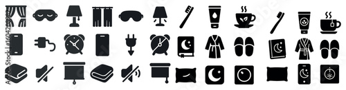 Sleep and relaxation solid icons set – silhouette, filled, rest and night symbols