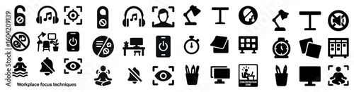 Workplace focus techniques solid icons set – silhouette, productivity and office tools