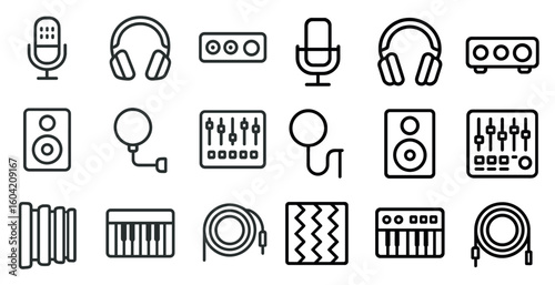 Audio and music outline icons set – flat, linear, sound and recording symbols