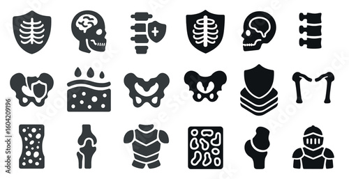 Medical anatomy solid icons set – health, skeletal system, human body symbols