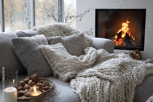 Chunky knit throw draped on a grey sofa by a fireplace near a window, embodying Scandinavian farmhouse hygge design for a modern living room, Generative AI