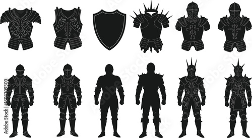 Medieval knight armor set, black silhouette illustrations of armored suits, shields, and knights in full gear vector collection.