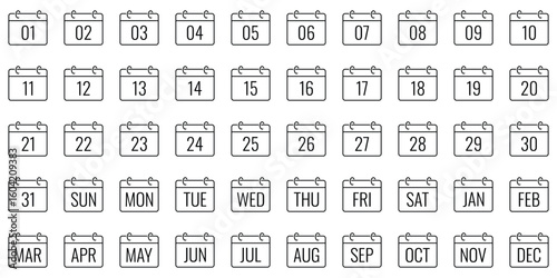 Calendar icon set. Calendar planner icons for app, website, UI. Reminder organizer event signs. Business plan schedule. Vector date, day, month, week icons for digital planner and organizer