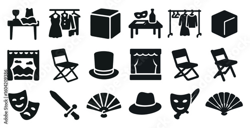 Theater and performance solid icons set – filled, stage, drama and costume symbols