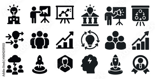 Business and strategy solid icons set – filled, plan, growth and teamwork symbols