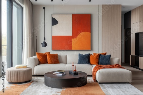 Suprematism-style interior design of a modern living room, featuring abstract geometric bold-colored shapes, Generative AI