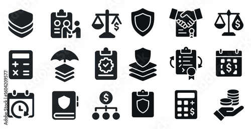 Finance and business solid icons set – filled, corporate, economic symbols