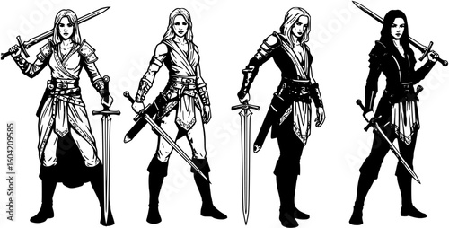 Four icons of a woman warrior with sword
