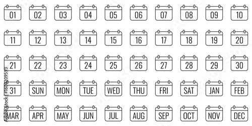 Calendar icon set. Calendar planner icons for app, website, UI. Reminder organizer event signs. Business plan schedule. Vector date, day, month, week icons for digital planner and organizer