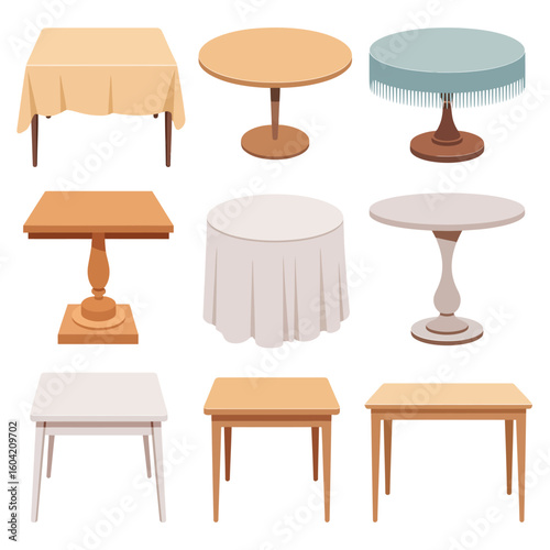 Collection of nine different styles of dining tables and cafe tables