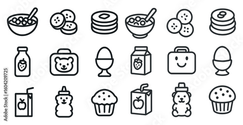 Breakfast and brunch linear icons set – outline, healthy meal and morning food symbols