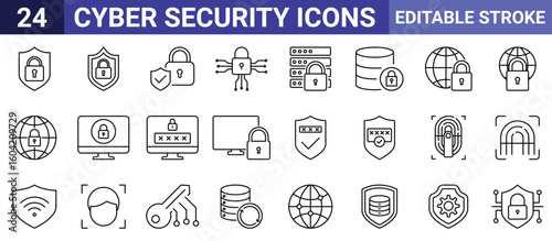 Cyber Security Icons Set Editable Stroke – Shield, Lock, Password, Server, Database, Fingerprint, Key, Globe, Biometric, Secure Login, Network, Protection, Data Safety Vector Icons