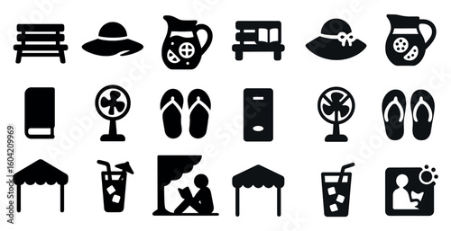 Leisure and relaxation silhouette icons set – flat, filled, recreation symbols