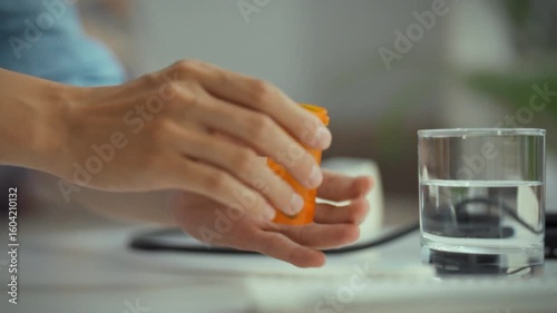 A person pours pills from an orange prescription bottle into one hand while holding a glass of water nearby. This routine is part of their daily health maintenance at home