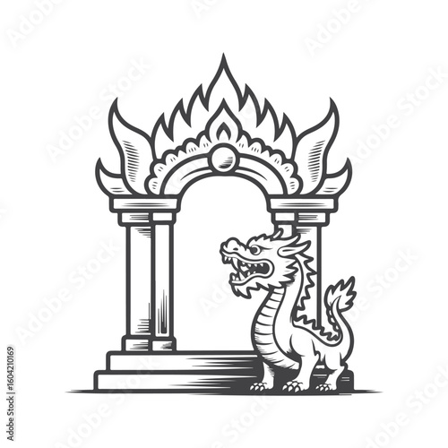 Dragon guarding ornate temple archway mythical creature gate
