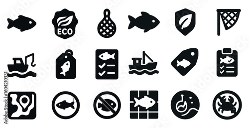 Fishing and environment filled icons set – solid, aquatic, ecological design elements
