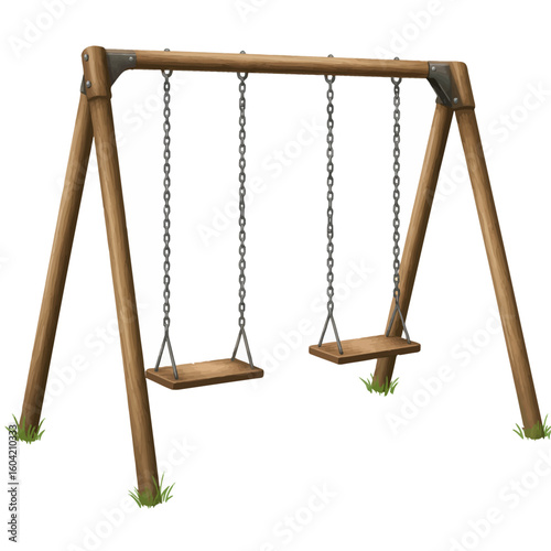Isolated Wooden Swing Set with Chains and Grass Playground Equipment Illustration.