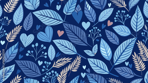 seamless pattern ornamental leaf heart love dark blue colors backgrounds for knitted fabric textured, fabric printing, birthday invitation covers, wraps paper,textile, blue, flower, leaf, pattern, 