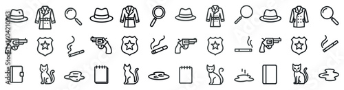 Detective and mystery outline icons set – crime, flat, investigation symbols