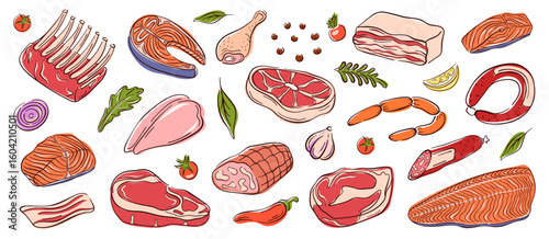Meat and salmon fish collection with steak, sausage, drumstick, bacon, fillet, vegetable, herb and spice in flat style. Perfect for delivery package, restaurant design and culinary theme.