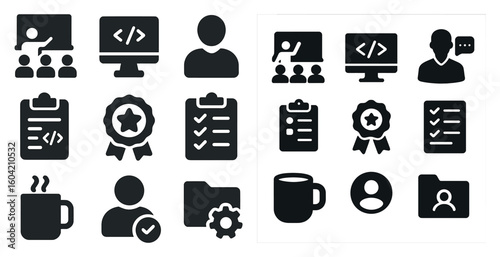 Business and technology solid icons set – flat, filled, corporate symbols
