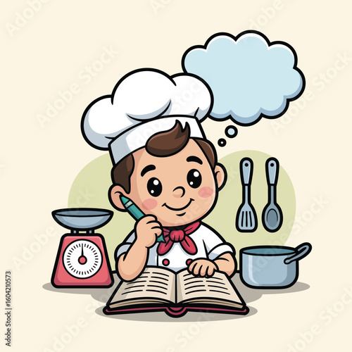Young chef studying a recipe book with cooking utensils and scale
