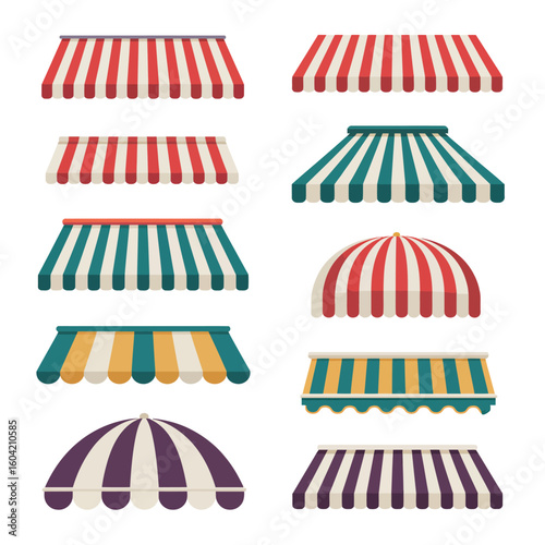 Collection of colorful striped awnings for shops and storefronts