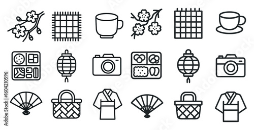 Traditional japanese culture line icons set – outline, heritage, cultural symbols