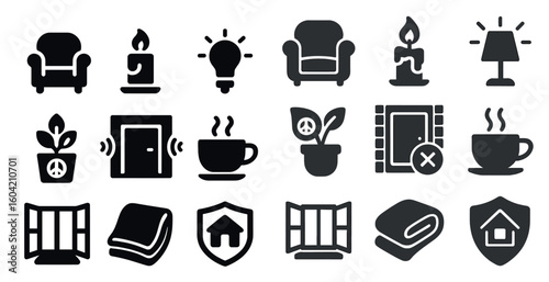 Home and lifestyle solid icons set – filled, silhouette, decor and comfort symbols