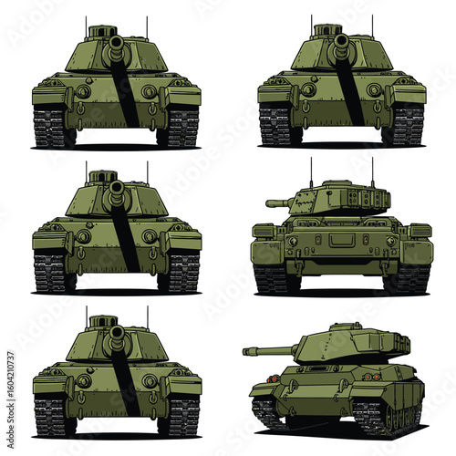 Set of modern green military tanks in different angles on white background